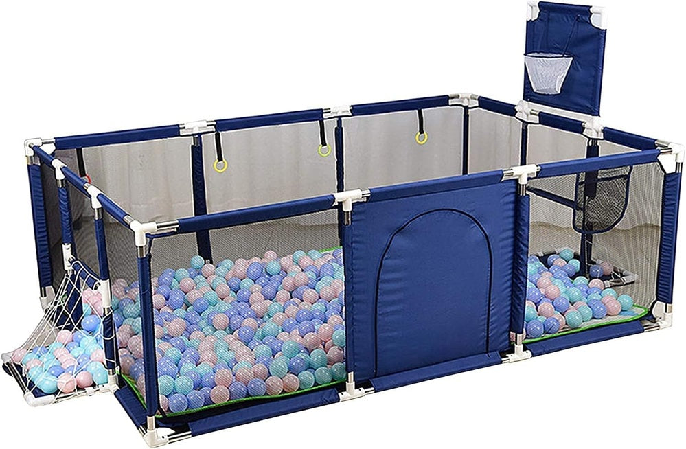 CURVEAR®️Large Baby Play yard 74x51 Inch Activity Center with Shooting & Pull Ring, Blue, No Mat or Ocean Balls Included.