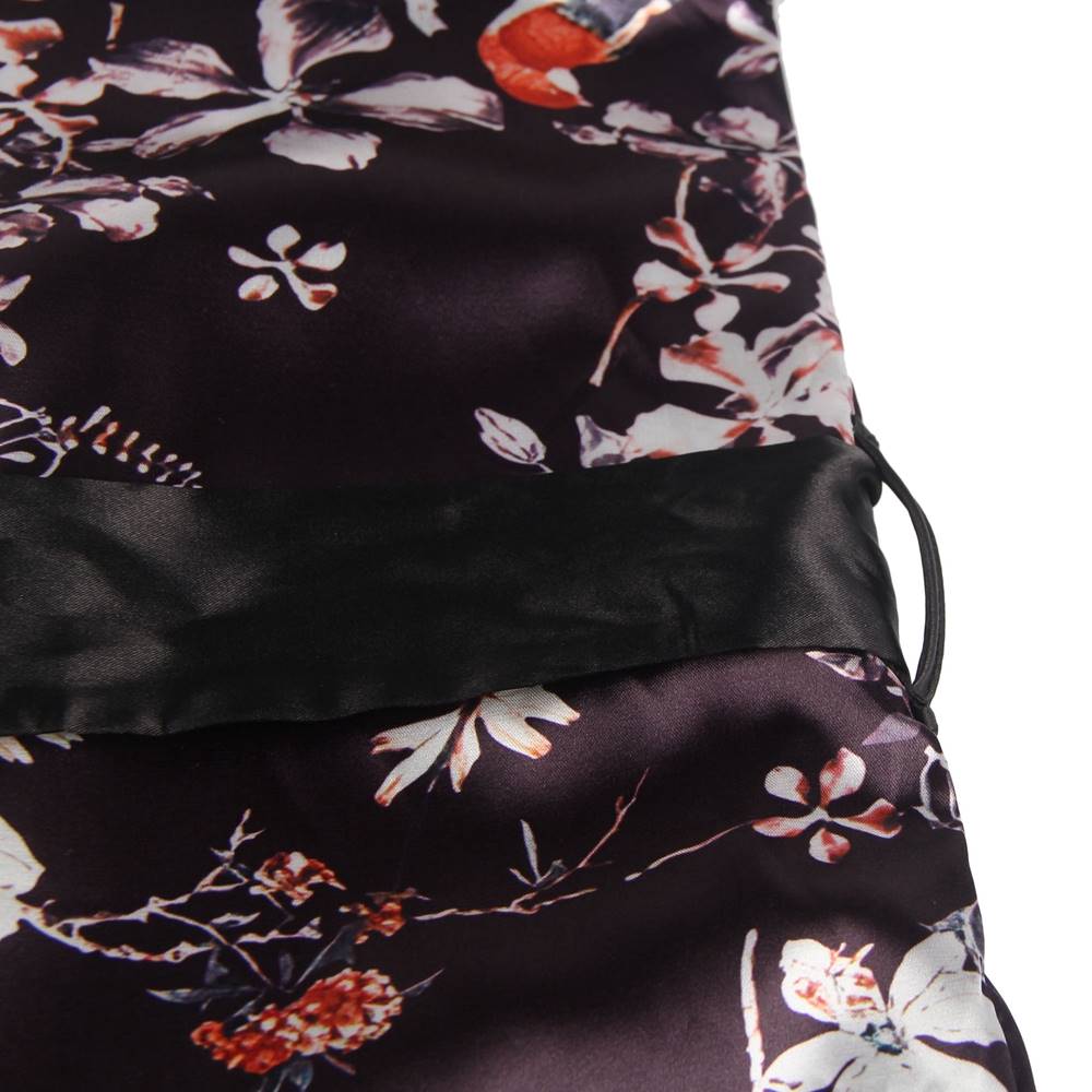 Women's Satin Kimono Robe – Floral Print Short Robe with Black Trim & Belt – Lightweight Silky Lounge & Sleepwear