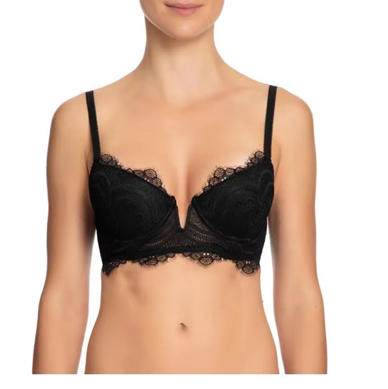 Curvear Elegant Black Lace Underwire Push-Up Bralette for Women, Sexy V-Shaped Lingerie, Plus Size 30-40 A/B/C/D/DD.