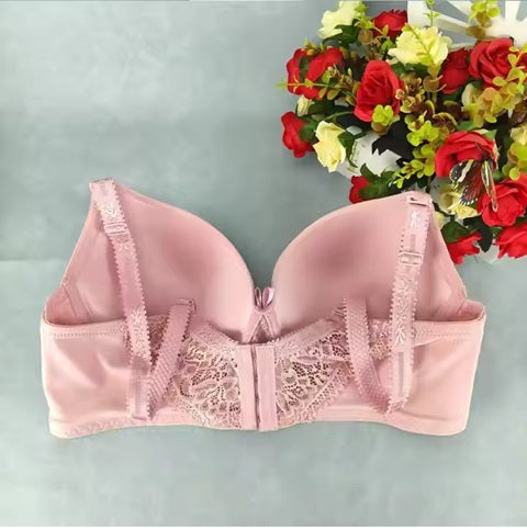 Curvear New pink lingerie bra with sponge wire, lace design, adjustable straps, and push-up effect for comfort and support.