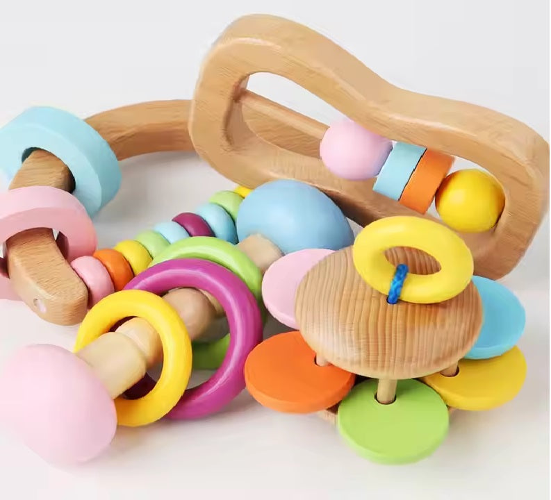 CURVEAR®️ Wooden Baby Rattle Crib Toys, Montessori Educational Mobile, Stroller Toy for Girls and Infants.