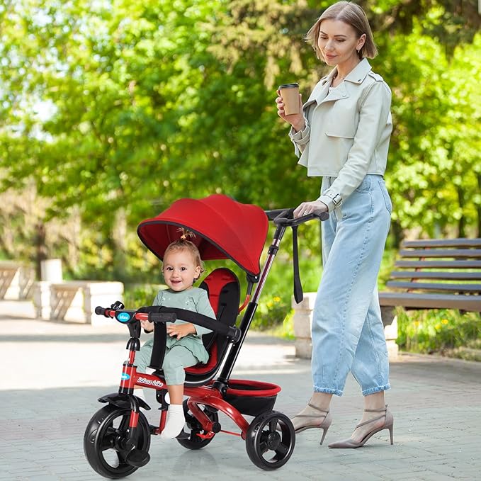 Curvear Kids Tricycle, 4 in 1 Stroll Trike with Adjustable Push Handle, Removable Canopy, Retractable Foot Plate, Lockable Pedal, Detachable Guardrail, Suitable for 10 Months to 5 Years.
