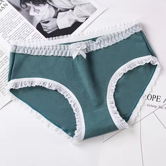 Curvear Styles White Lace Cotton Panties For Girls Women Cute Striped Underwear Mid Waist Soft Breathable Briefs Lingerie. 2 set