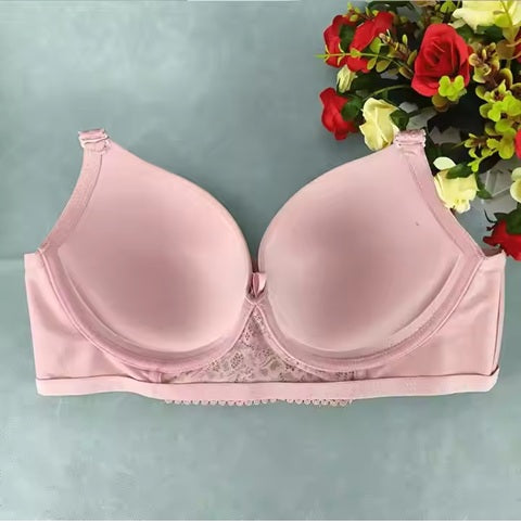 Curvear New pink lingerie bra with sponge wire, lace design, adjustable straps, and push-up effect for comfort and support.