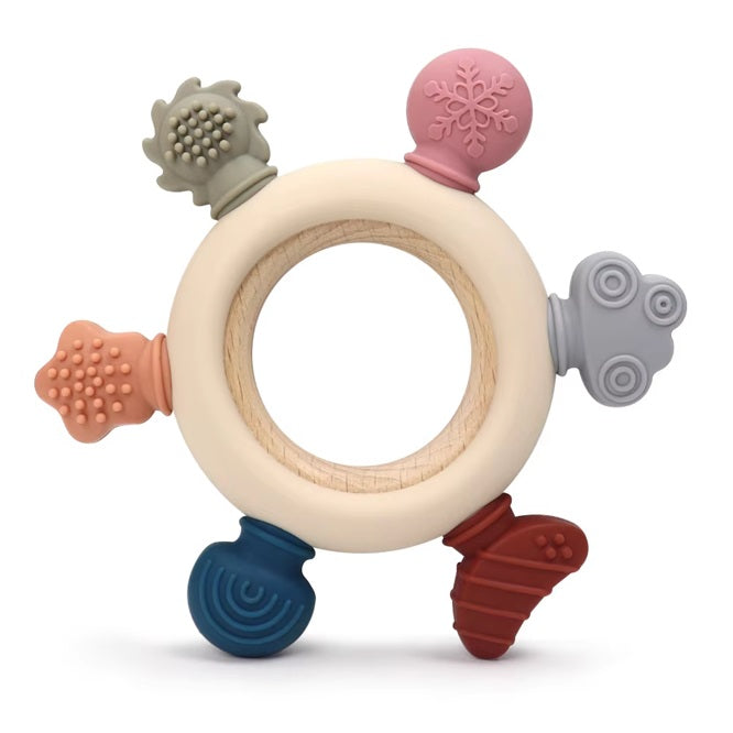 Curvear silicone teether wood ring teething toys free Baby Chewable Toys wooden baby teether teething for Kids 0-6 months.