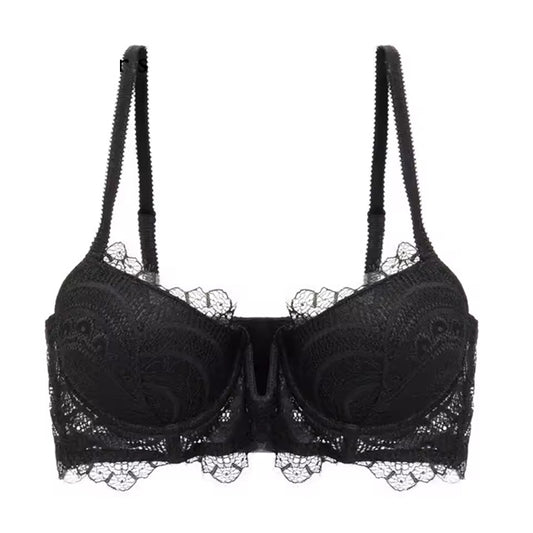 Curvear Elegant Black Lace Underwire Push-Up Bralette for Women, Sexy V-Shaped Lingerie, Plus Size 30-40 A/B/C/D/DD.