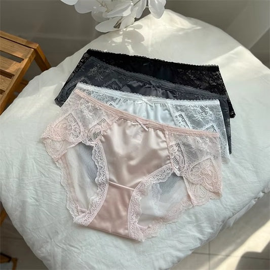 Curvear Plus Size Satin Panties for Women Sexy lace Satin Transparent Mesh Underwear No Trace Briefs Large Sizes Mom Underwear. 3 set