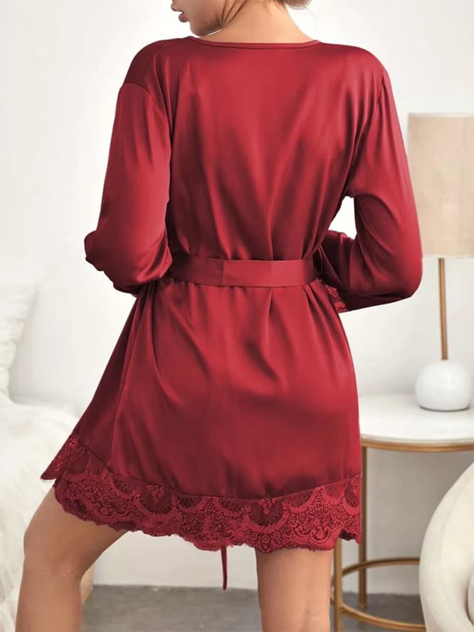 Women's Satin Lace Robe & Nightgown Set – Sexy Lingerie Sleepwear, Soft Silky Nightdress with Robe – Elegant V-Neck Chemise & Belted Kimono for Bridal, Honeymoon, Lounge, Valentine's Gift