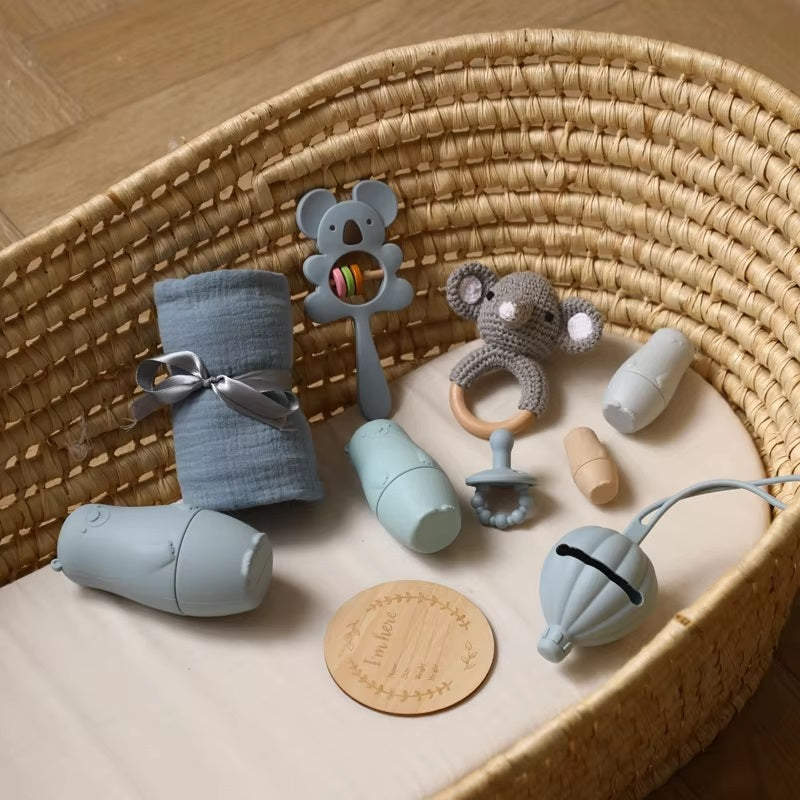 Curvear®️1Set Baby Silicone Pacifier Animal Rattle Rainbow Stacked Toys Newborn Souvenir Milestone Card Baby Birth Teething Gift Box Set