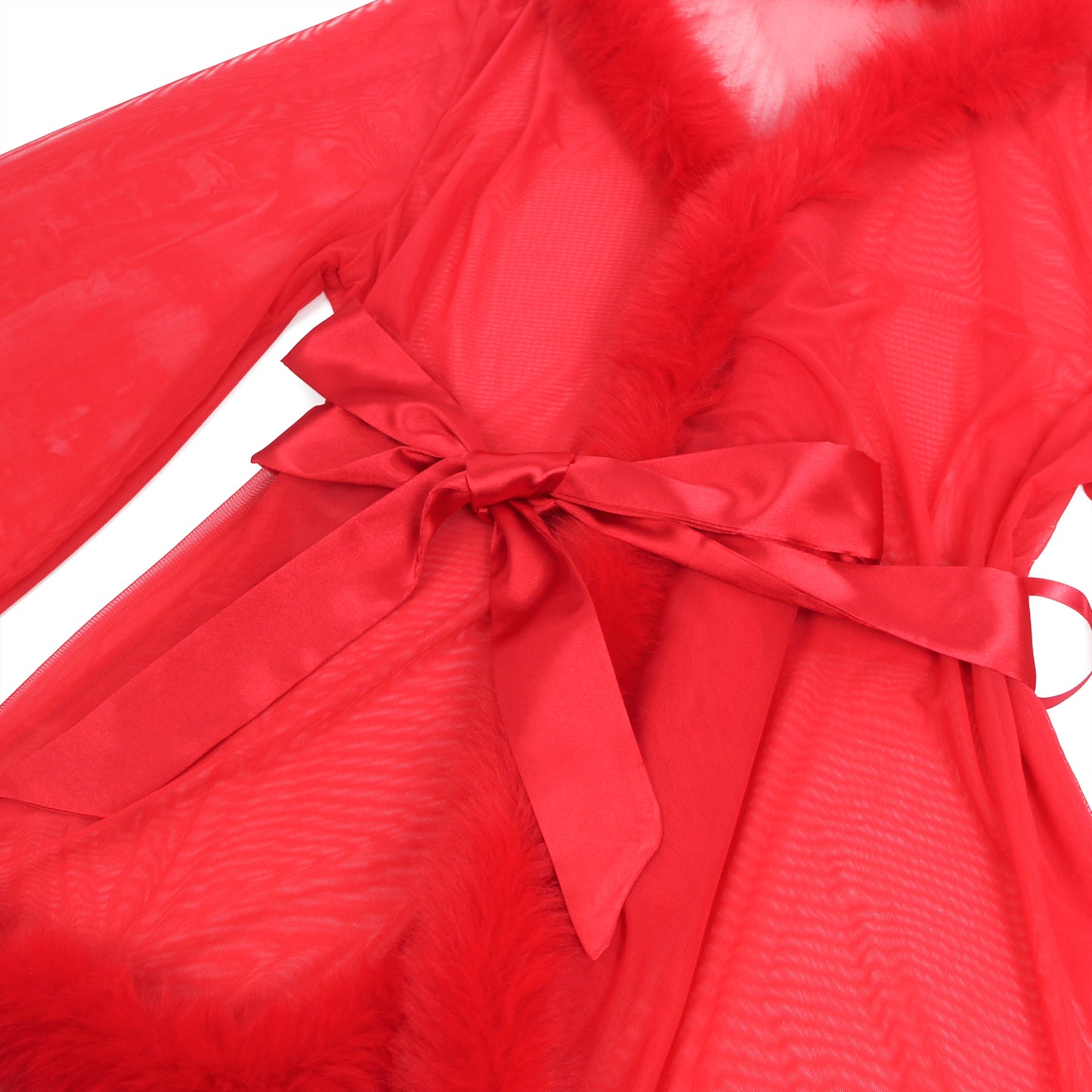 Sexy Red Sheer Mesh Lingerie Robe for Women with Satin Belt & Faux Fur Trim | Transparent Nightwear for Honeymoon, Valentine, Bedroom & Romantic Nights