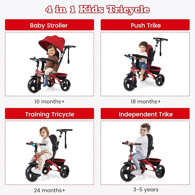 Curvear Kids Tricycle, 4 in 1 Stroll Trike with Adjustable Push Handle, Removable Canopy, Retractable Foot Plate, Lockable Pedal, Detachable Guardrail, Suitable for 10 Months to 5 Years.