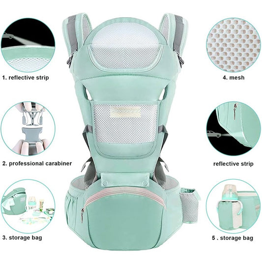 Soft 6 In 1 Green Baby Carrier With Lumbar Support For Baby With Pockets And Bib, 360 All-Position Baby Wrap Carrie.r Front And Back Backpack Carrier For Newborn Infant Toddler