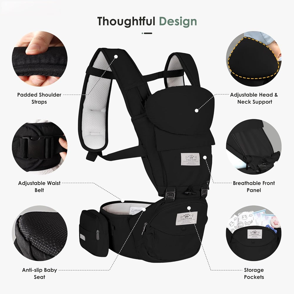 Curvear Baby Carrier Newborn to Toddler, Safety-Certified Baby Carrier with Hip Seat, Ergonomic 6-in-1 Baby Carrier with Head Support, Adjustable & Removable Baby Holder for All Seasons, Black.