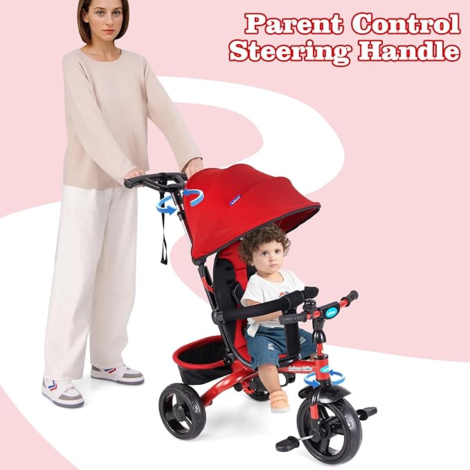 Curvear Kids Tricycle, 4 in 1 Stroll Trike with Adjustable Push Handle, Removable Canopy, Retractable Foot Plate, Lockable Pedal, Detachable Guardrail, Suitable for 10 Months to 5 Years.