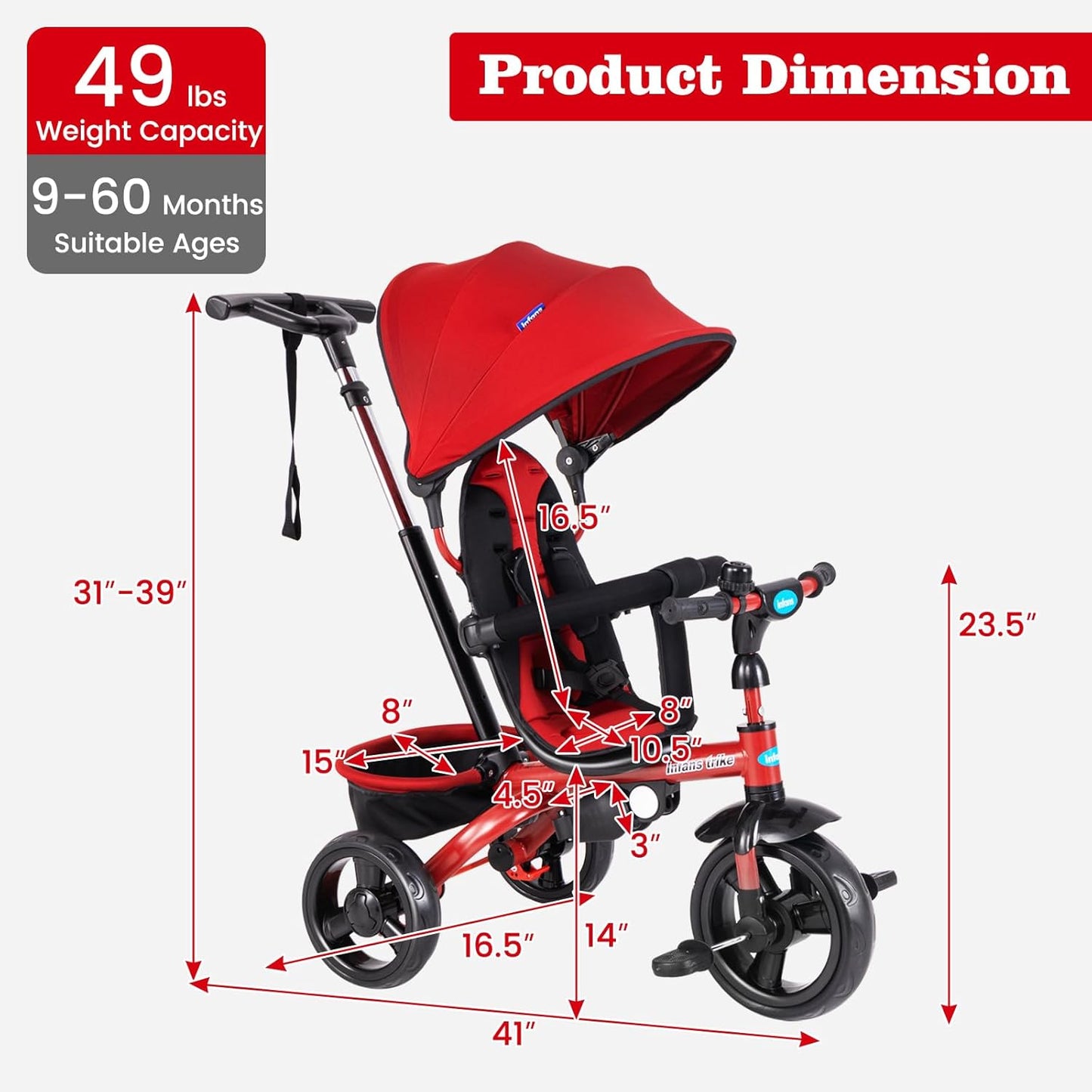 Curvear Kids Tricycle, 4 in 1 Stroll Trike with Adjustable Push Handle, Removable Canopy, Retractable Foot Plate, Lockable Pedal, Detachable Guardrail, Suitable for 10 Months to 5 Years.