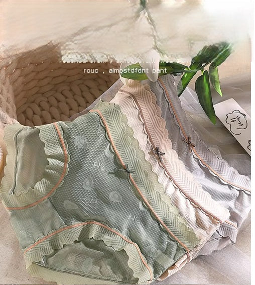 Curvear Sexy Lace Japanese Sweet Women Panties Mid Waist Avocado Color Sexy Lace Women Underwear Breathable Female Briefs. 2 set