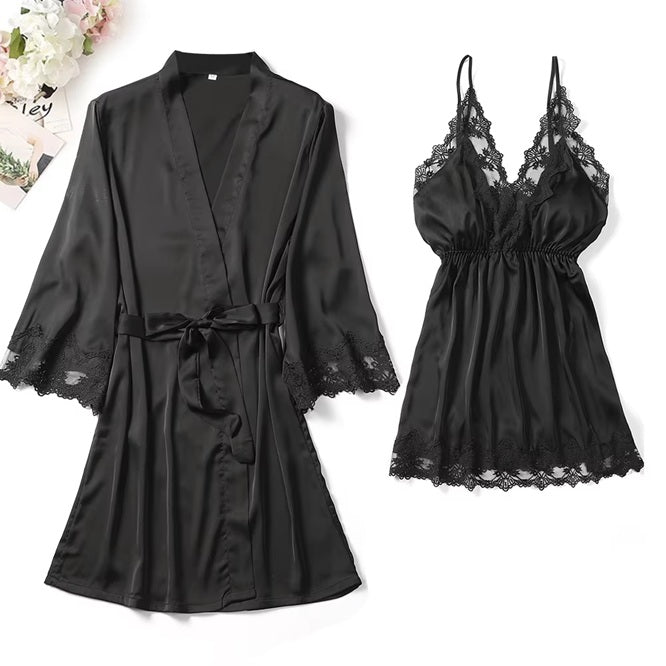 Women's Satin Lace Robe & Nightgown Set – Sexy Lingerie Sleepwear, Soft Silky Nightdress with Robe – Elegant V-Neck Chemise & Belted Kimono for Bridal, Honeymoon, Lounge, Valentine's Gift