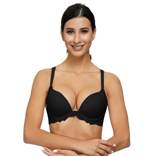 Curvear Push Up Women Bra Front Closure Lace Back Underwire Lingerie Solid Plunge Y-line Straps Adjusted Underwear.
