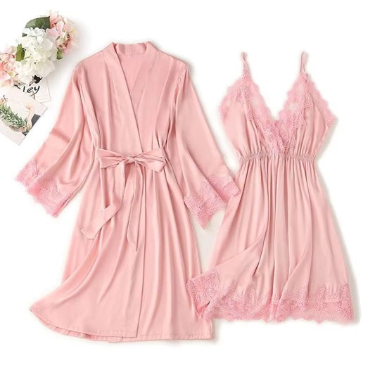 Women's Satin Lace Robe & Nightgown Set – Sexy Lingerie Sleepwear, Soft Silky Nightdress with Robe – Elegant V-Neck Chemise & Belted Kimono for Bridal, Honeymoon, Lounge, Valentine's Gift
