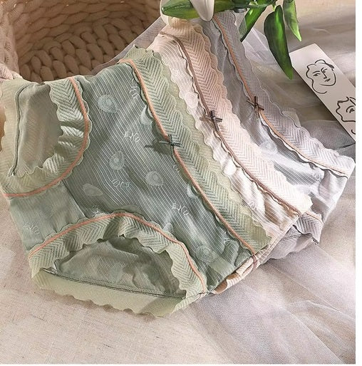 Curvear Sexy Lace Japanese Sweet Women Panties Mid Waist Avocado Color Sexy Lace Women Underwear Breathable Female Briefs. 2 set