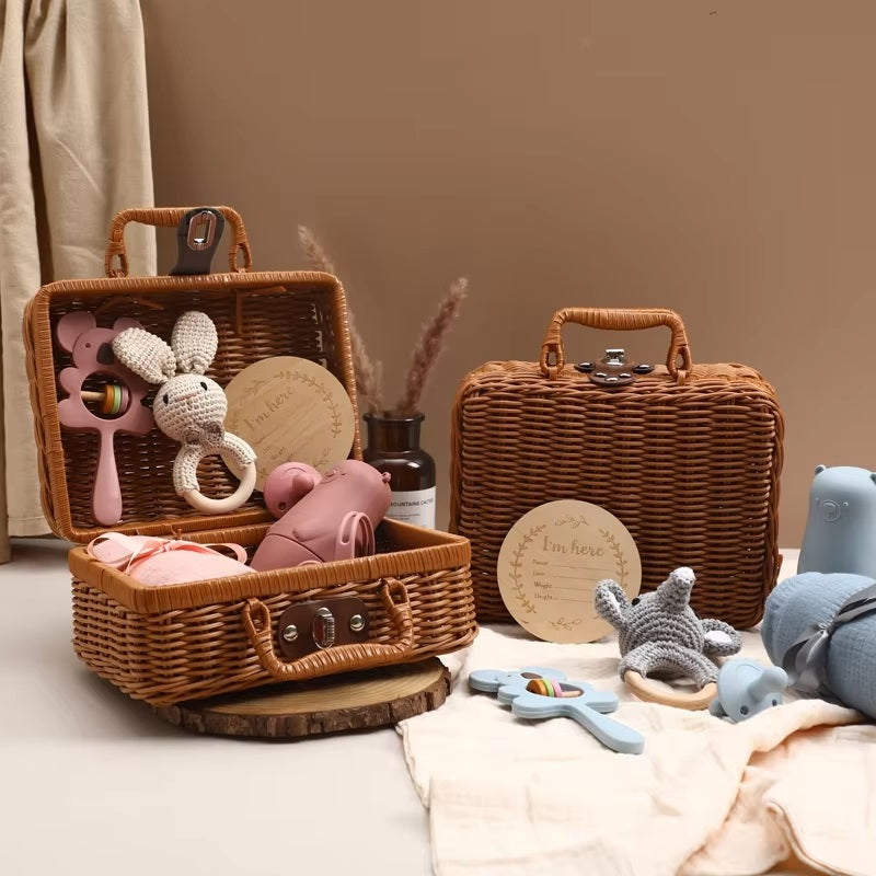 Curvear®️1Set Baby Silicone Pacifier Animal Rattle Rainbow Stacked Toys Newborn Souvenir Milestone Card Baby Birth Teething Gift Box Set