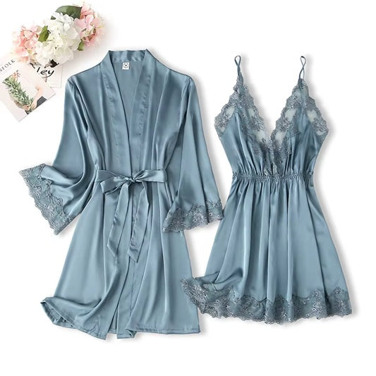 Women's Satin Lace Robe & Nightgown Set – Sexy Lingerie Sleepwear, Soft Silky Nightdress with Robe – Elegant V-Neck Chemise & Belted Kimono for Bridal, Honeymoon, Lounge, Valentine's Gift