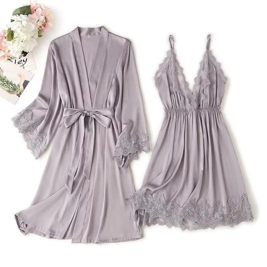 Women's Satin Lace Robe & Nightgown Set – Sexy Lingerie Sleepwear, Soft Silky Nightdress with Robe – Elegant V-Neck Chemise & Belted Kimono for Bridal, Honeymoon, Lounge, Valentine's Gift