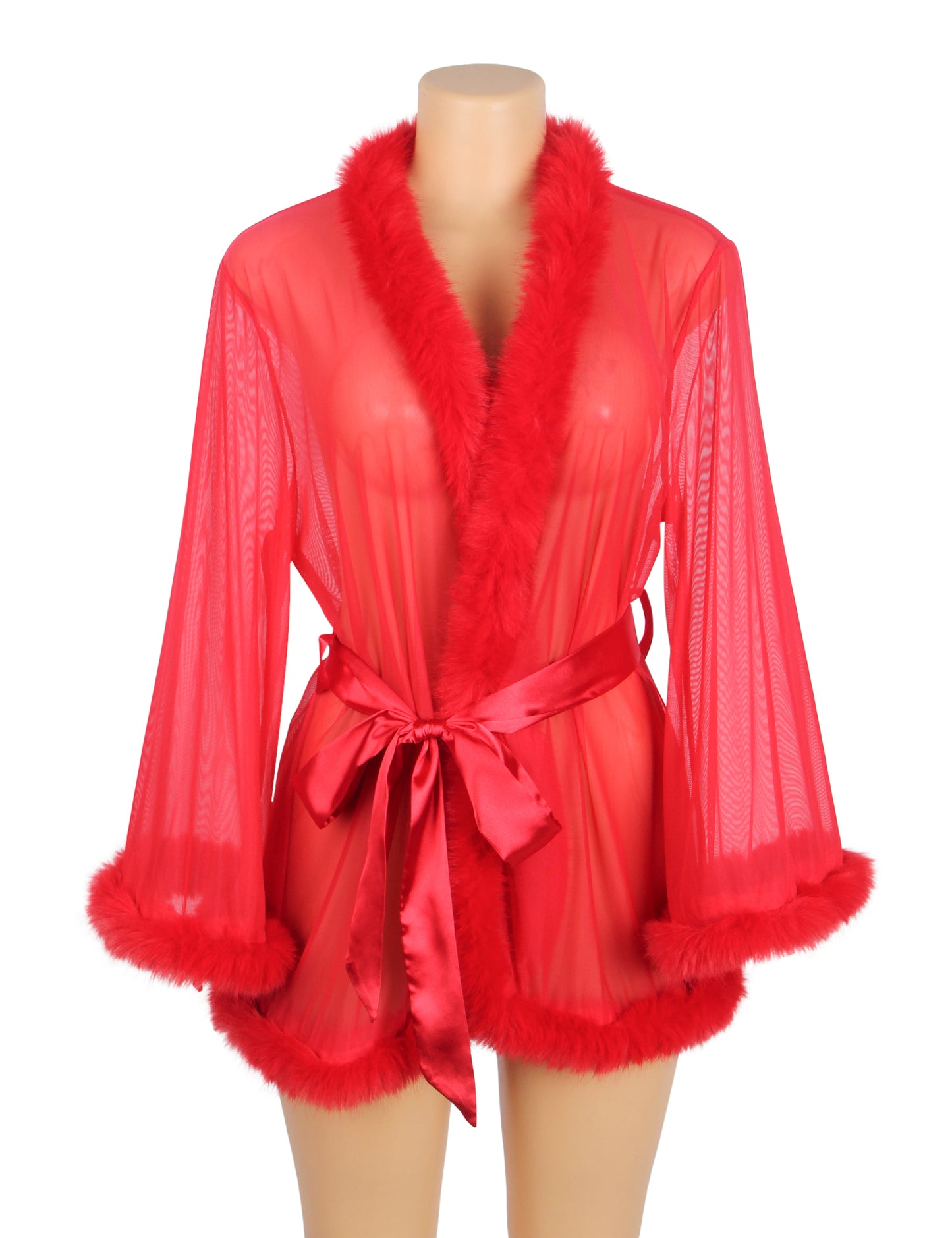 Sexy Red Sheer Mesh Lingerie Robe for Women with Satin Belt & Faux Fur Trim | Transparent Nightwear for Honeymoon, Valentine, Bedroom & Romantic Nights