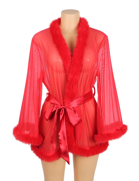 Sexy Red Sheer Mesh Lingerie Robe for Women with Satin Belt & Faux Fur Trim | Transparent Nightwear for Honeymoon, Valentine, Bedroom & Romantic Nights