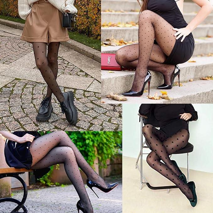 Curvear Women’s Glossy Sheer Pantyhose Polka Dot Striped Patterned High Waist Ultra Stretchable Footed Tights Stockings