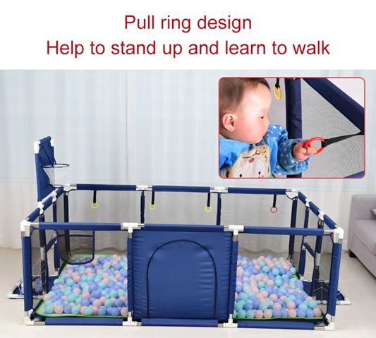CURVEAR®️Large Baby Play yard 74x51 Inch Activity Center with Shooting & Pull Ring, Blue, No Mat or Ocean Balls Included.