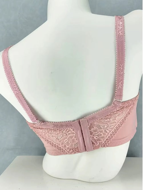 Curvear New pink lingerie bra with sponge wire, lace design, adjustable straps, and push-up effect for comfort and support.