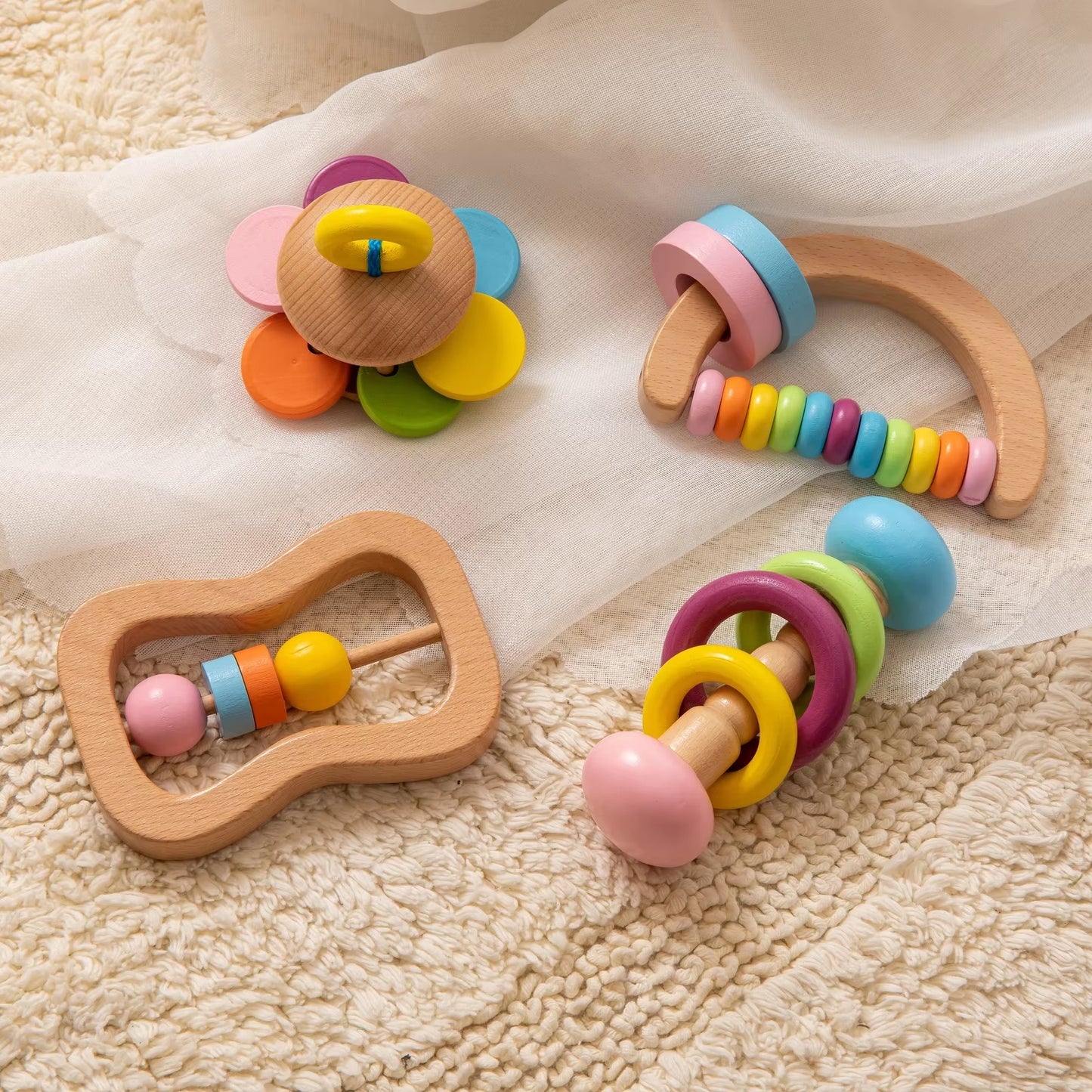 CURVEAR®️ Wooden Baby Rattle Crib Toys, Montessori Educational Mobile, Stroller Toy for Girls and Infants.