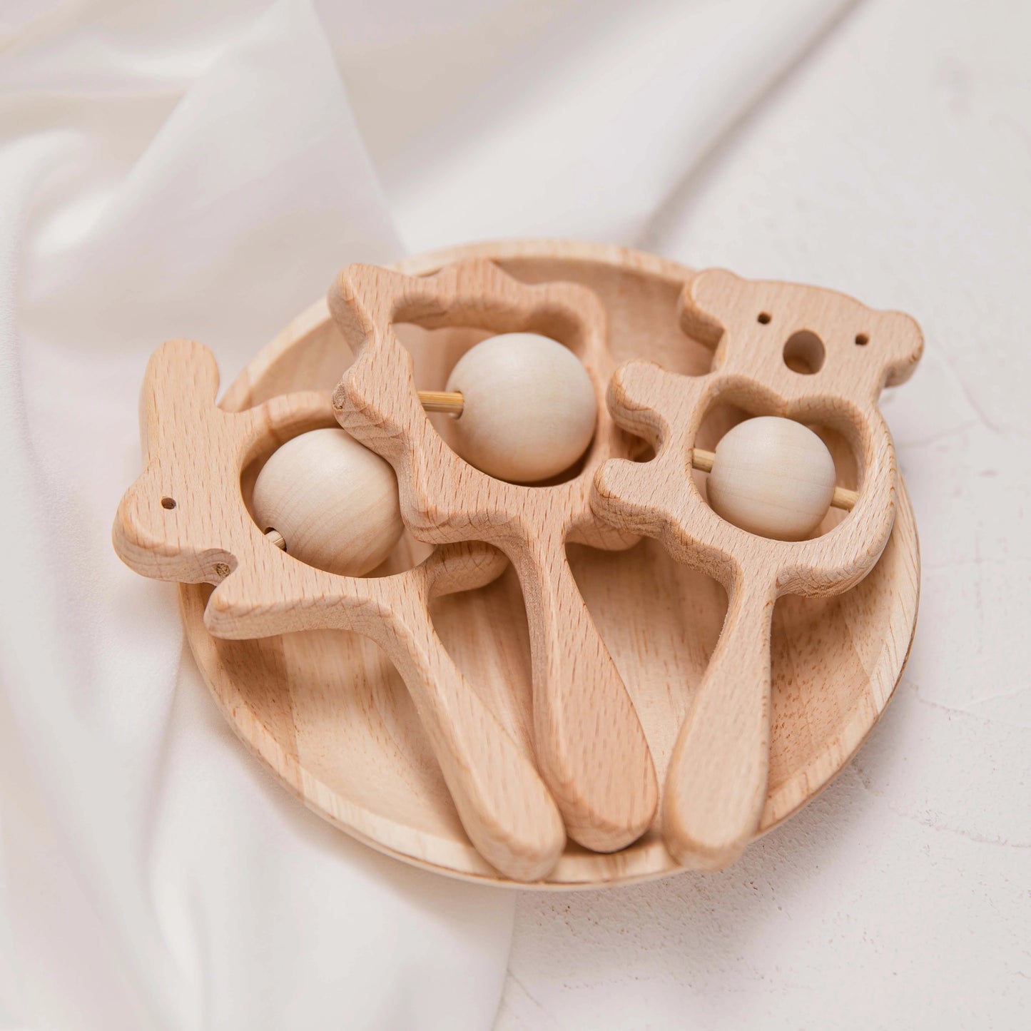 Curvear Baby Products Natural Beech Wood Rattle Baby Teething Montessori Animal Rattle Toy.