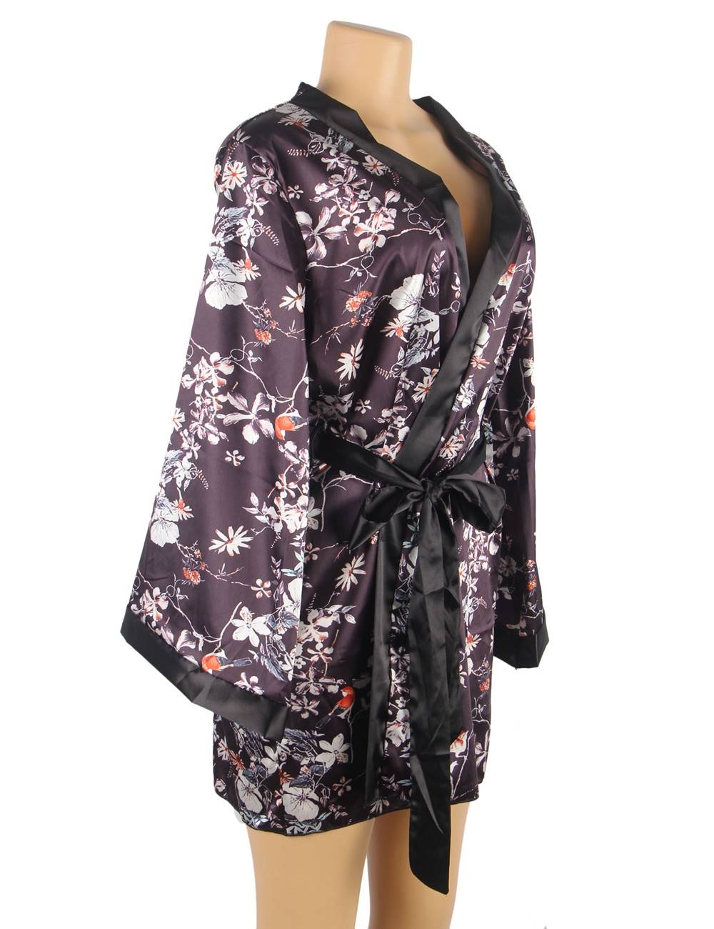 Women's Satin Kimono Robe – Floral Print Short Robe with Black Trim & Belt – Lightweight Silky Lounge & Sleepwear