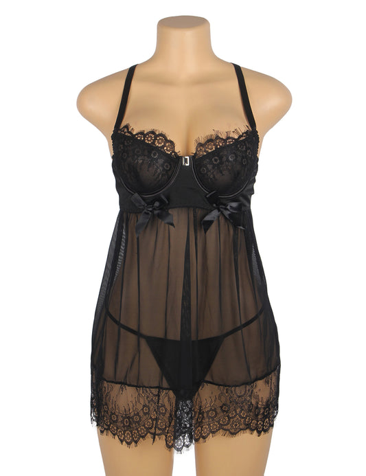 Women's Sexy Black Lace Baby doll Lingerie Set – Sheer Mesh See-Through Nightwear with Thong Panty – Elegant Lace Sleepwear for Bridal, Honeymoon, Valentine’s, or Boudoir Look
