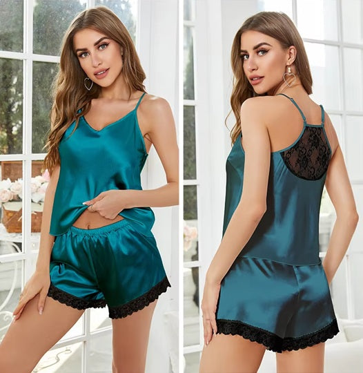 Women's Satin Nightwear Set | Black Sleepwear Camisole and Shorts | Soft Night Dress for Women | Loungewear Night Suit with Lace | Comfortable & Stylish Nightwear for Ladies