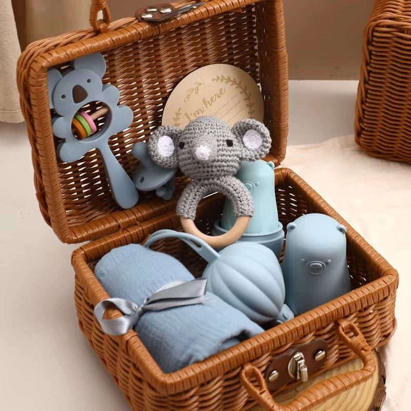 Curvear®️1Set Baby Silicone Pacifier Animal Rattle Rainbow Stacked Toys Newborn Souvenir Milestone Card Baby Birth Teething Gift Box Set