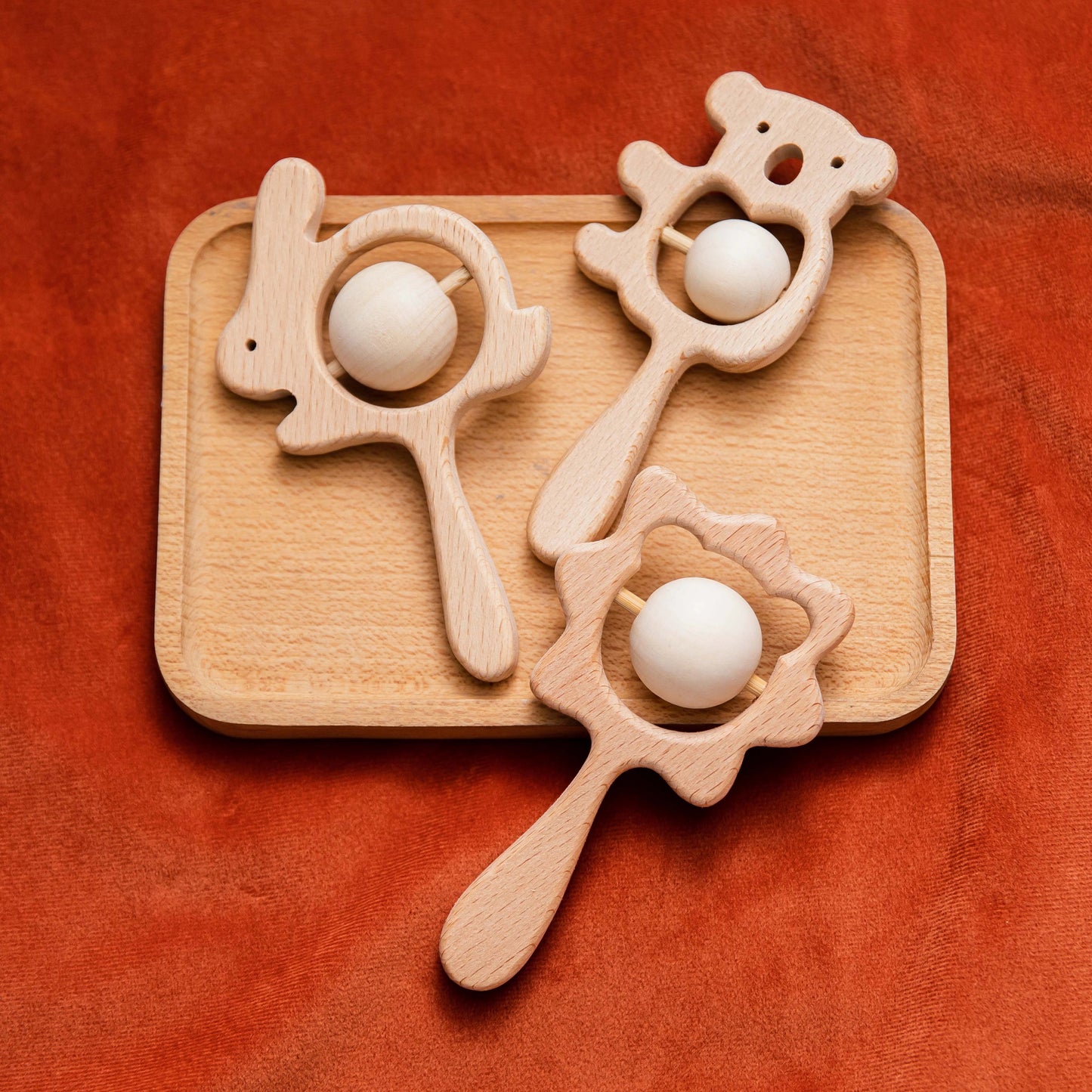 Curvear Baby Products Natural Beech Wood Rattle Baby Teething Montessori Animal Rattle Toy.