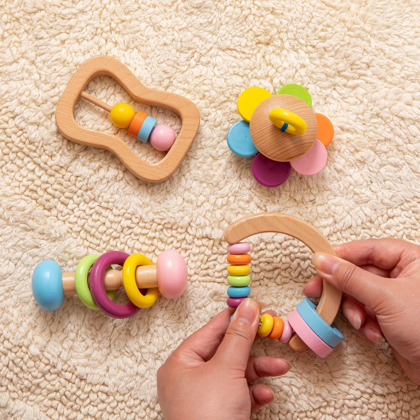 CURVEAR®️ Wooden Baby Rattle Crib Toys, Montessori Educational Mobile, Stroller Toy for Girls and Infants.