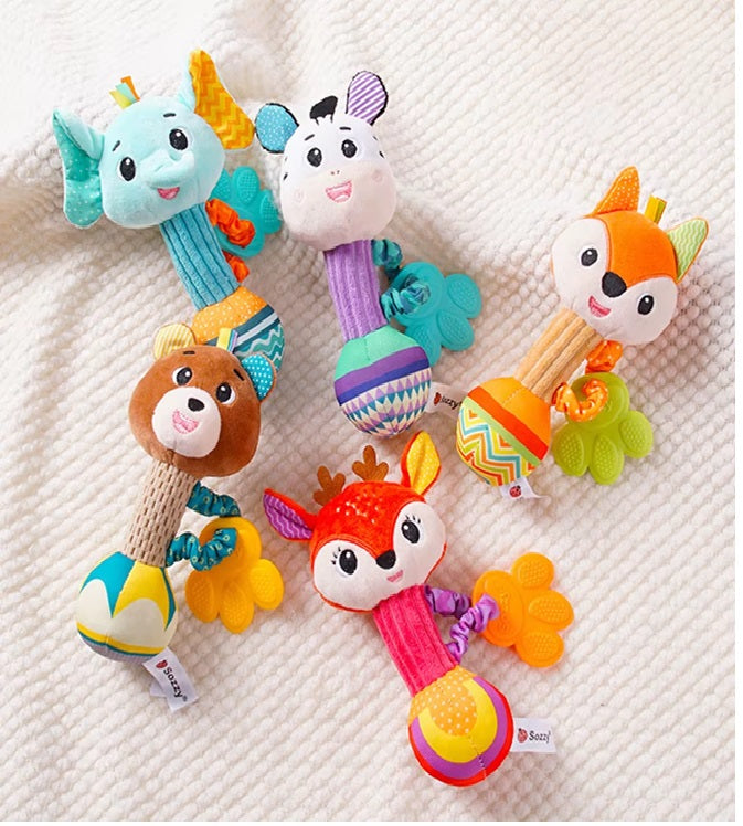 Baby Rattles Soft Stuffed Animal Rattle Hand Grip Baby Toys Shaker Crinkle Squeaky Sensory Travel Accessories for Toddler Gifts