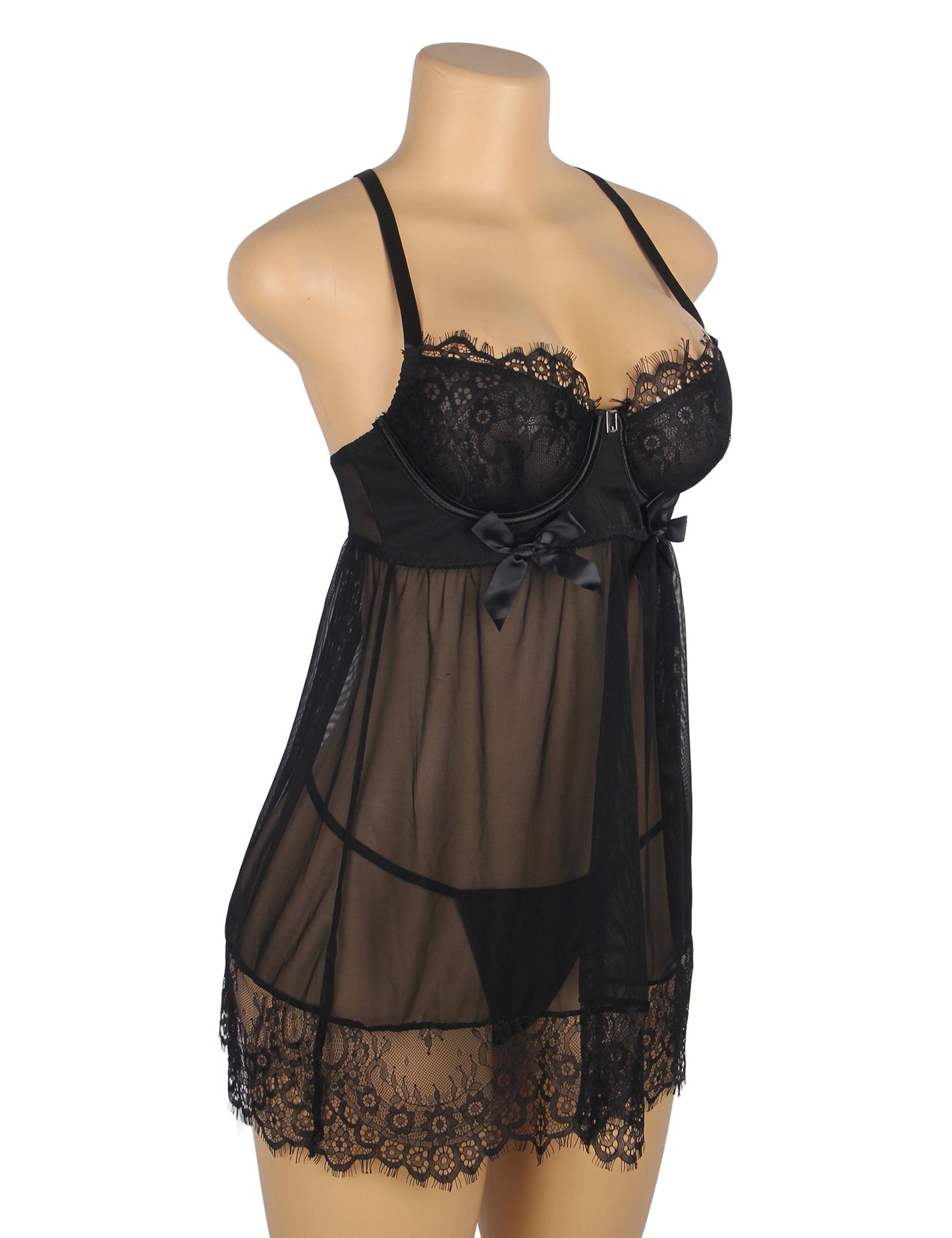 Women's Sexy Black Lace Baby doll Lingerie Set – Sheer Mesh See-Through Nightwear with Thong Panty – Elegant Lace Sleepwear for Bridal, Honeymoon, Valentine’s, or Boudoir Look