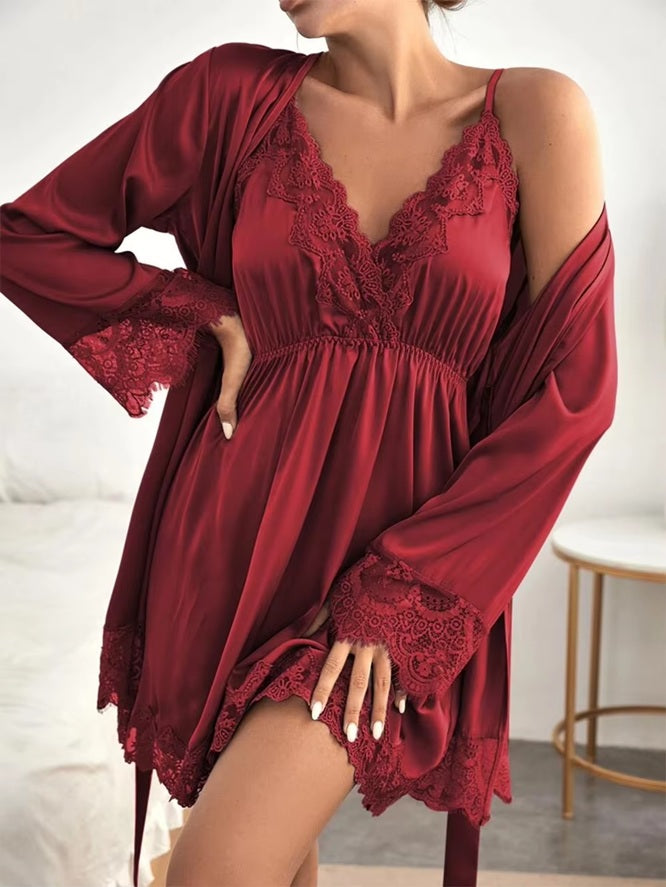 Women's Satin Lace Robe & Nightgown Set – Sexy Lingerie Sleepwear, Soft Silky Nightdress with Robe – Elegant V-Neck Chemise & Belted Kimono for Bridal, Honeymoon, Lounge, Valentine's Gift