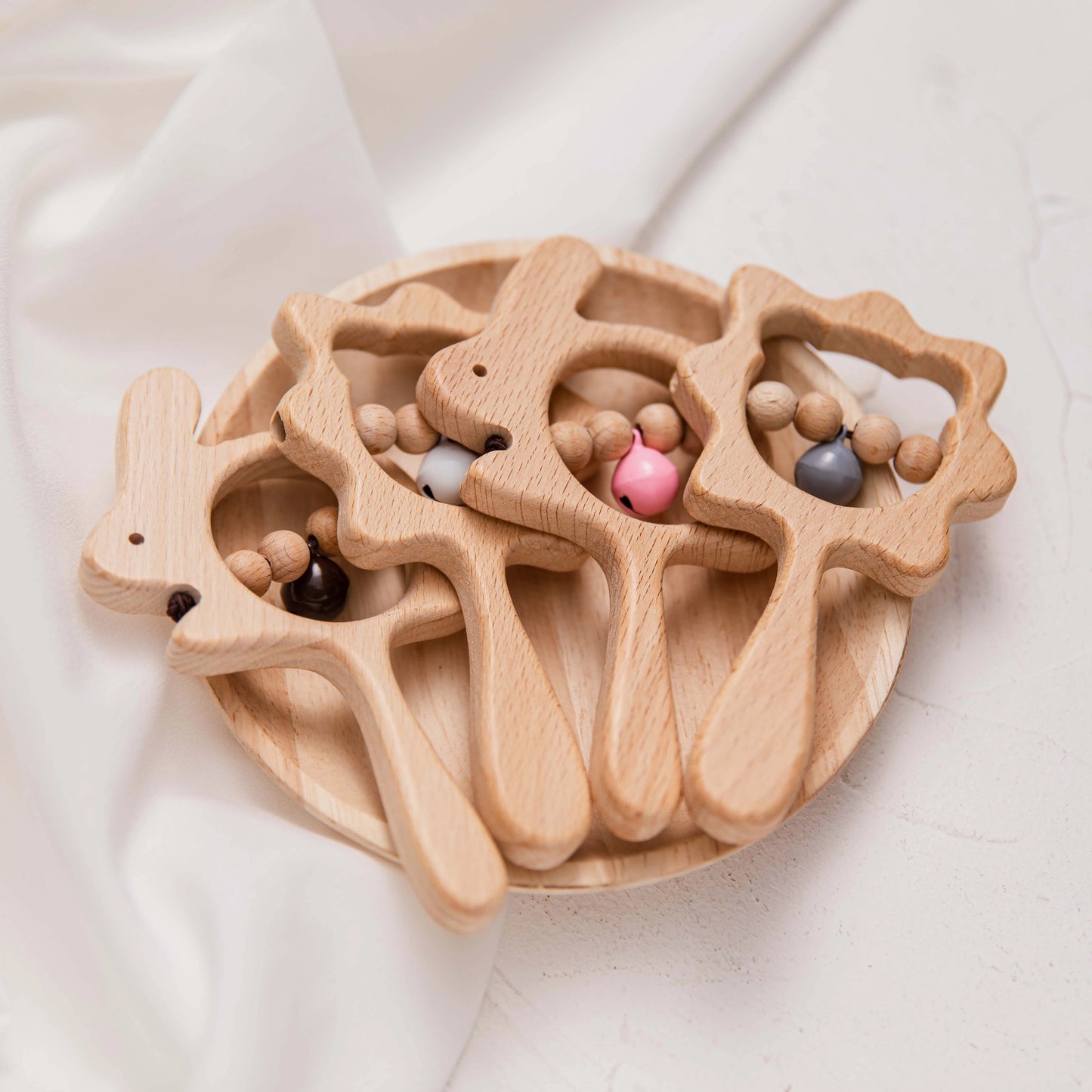 Curvear Baby Products Natural Beech Wood Rattle Baby Teething Montessori Animal Rattle Toy.