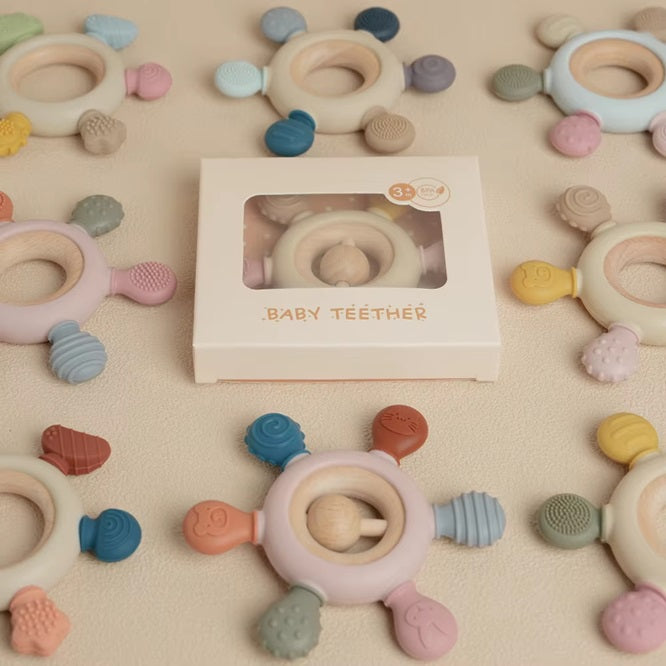Curvear silicone teether wood ring teething toys free Baby Chewable Toys wooden baby teether teething for Kids 0-6 months.