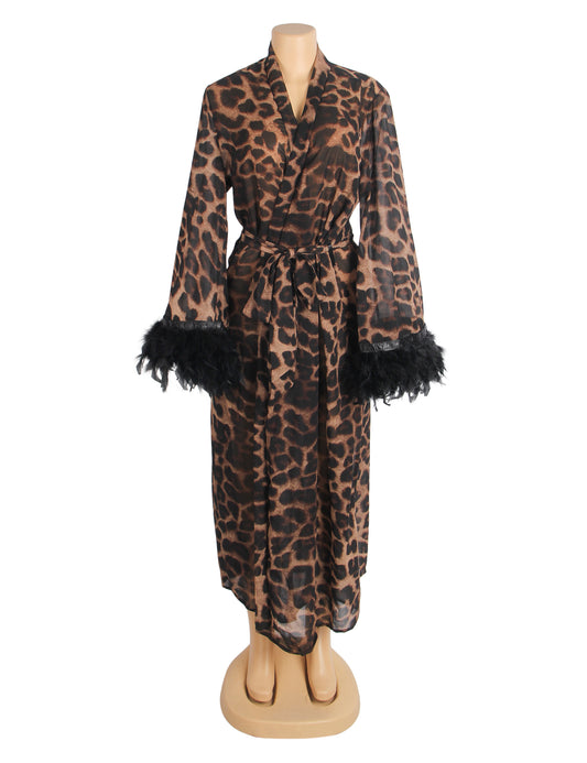 Women's Sexy Leopard Print Sheer Robe with Feather Trim – Long Mesh Lingerie Kimono Gown – Belted See Through Nightwear for Sleepwear, Boudoir, Bridal & Loungewear