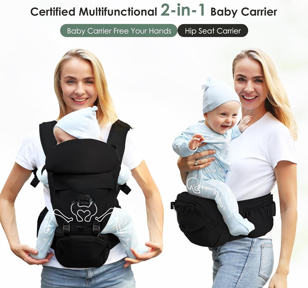 Curvear Baby Carrier Newborn to Toddler, Safety-Certified Baby Carrier with Hip Seat, Ergonomic 6-in-1 Baby Carrier with Head Support, Adjustable & Removable Baby Holder for All Seasons, Black.