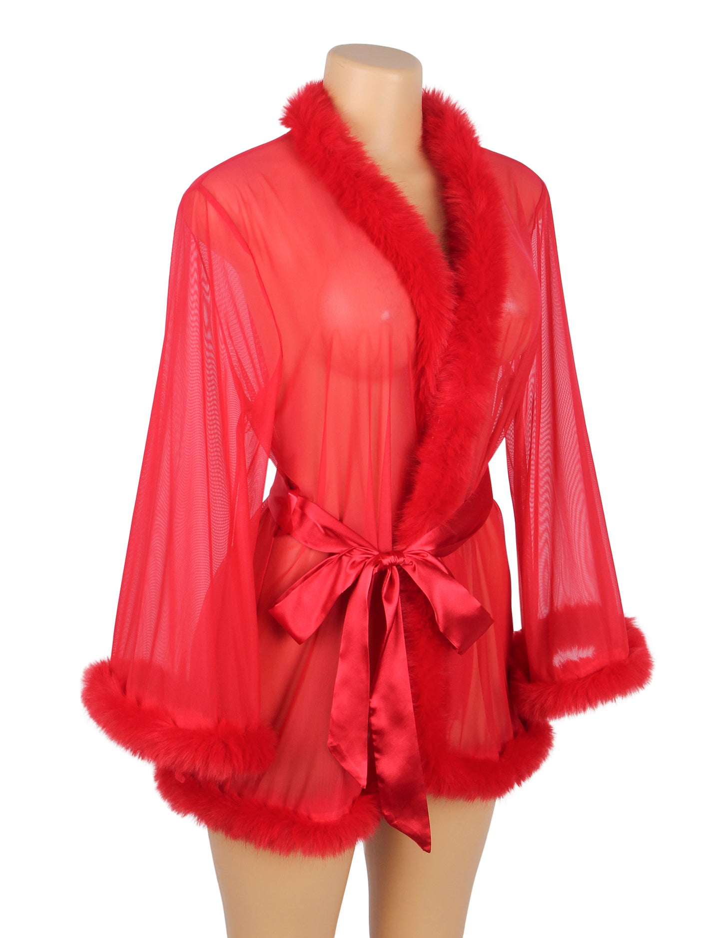 Sexy Red Sheer Mesh Lingerie Robe for Women with Satin Belt & Faux Fur Trim | Transparent Nightwear for Honeymoon, Valentine, Bedroom & Romantic Nights