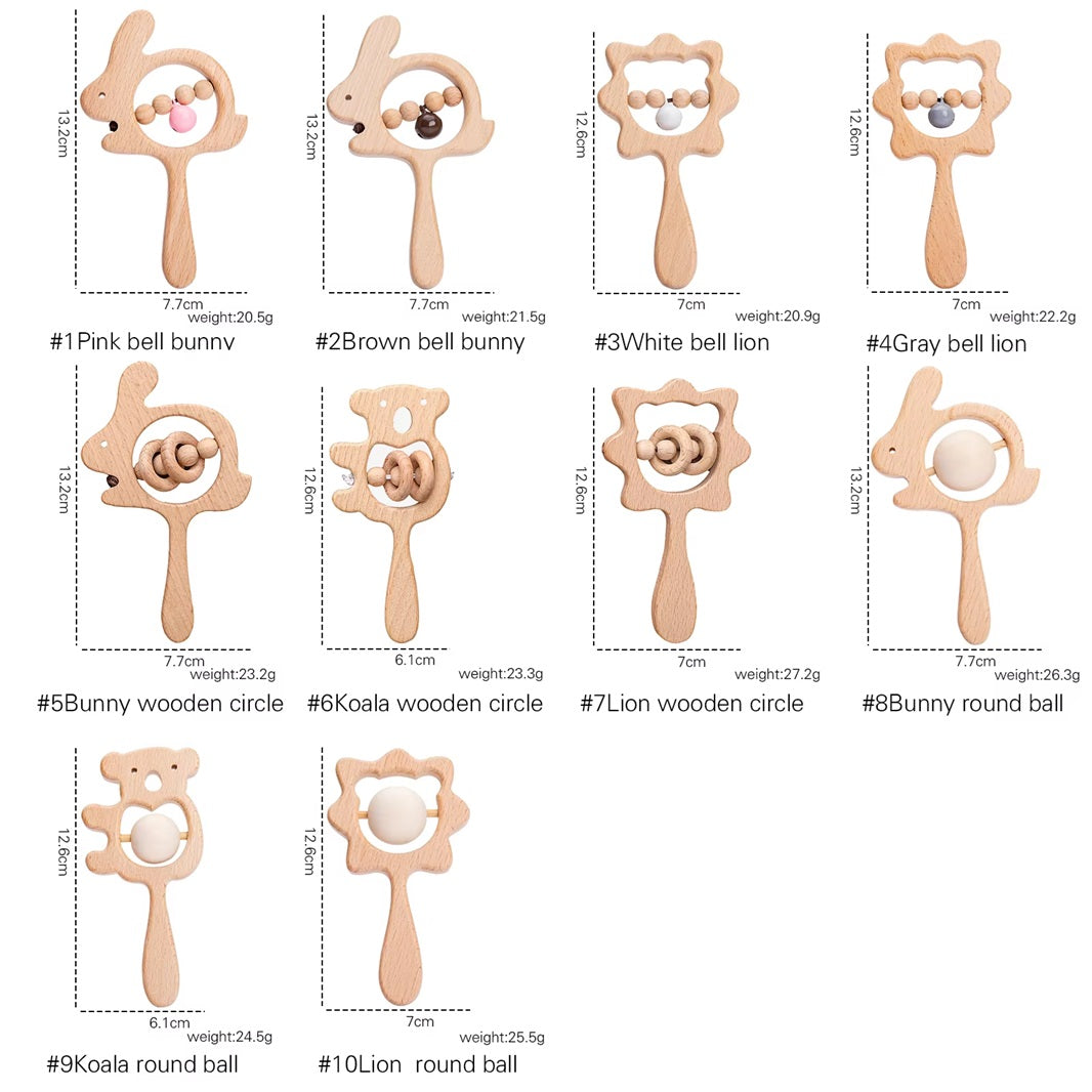 Curvear Baby Products Natural Beech Wood Rattle Baby Teething Montessori Animal Rattle Toy.