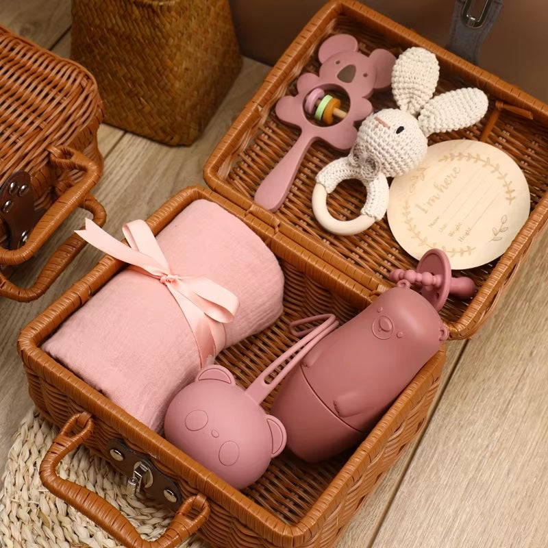 Curvear®️1Set Baby Silicone Pacifier Animal Rattle Rainbow Stacked Toys Newborn Souvenir Milestone Card Baby Birth Teething Gift Box Set